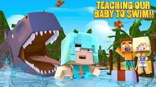 BABY KAYLA SAVES HER BABY FROM A SHARK ATTACK WHILE LEARNING TO SWIM Minecraft BABY LIFE