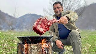 Juicy Steak Cooked on a Finnish Candle Wild Cuisine in the Mountains of Azerbaijan