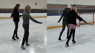 Girls walking on the ice in mules flip-flops high heels 