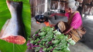 Very poor GRANDMOTHER cooking & eating big PANGAS fish recipe with PUISHAK  How to cook fish recipe