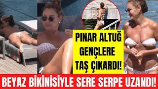 47 yaşındaki Pınar Altuğ beyaz bikinisiyle genç kızlara taş çıkardı Plajda sere serpe uzandı