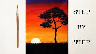 Easy Sunset for Beginners  Acrylic Painting Tutorial Step by Step  ENG SUB 
