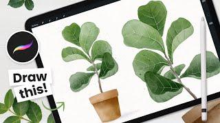 How To Draw Watercolor Fiddle Leaf Fig Tree • Procreate Tutorial