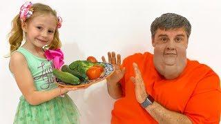 Nastya teaches dad to eat healthy food and exercise