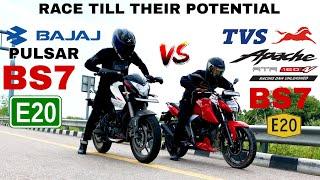 2023 BAJAJ PULSAR NS 160 BS7 E20 VS TVS APACHE RTR 4V 160 BS7 E20  RACE TILL THEIR POTENTIAL 