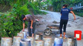 The process of making a solid concrete house column base. Preparing to move house