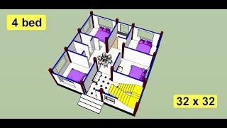 32 x 32  house plan design  with 4 bedroom II 32 x 32 ghar ka design II 4 bhk house plan with 3d
