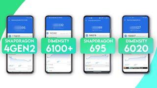 Snapdragon 4 Gen 2 Vs Dimensity 6100+ Vs Snapdragon 695 Vs Dimensity 6020  Antutu Benchmark & Spec