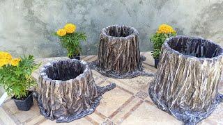 Кашпо пенёк из старого ведра и ненужных вещей  DIY flower pot