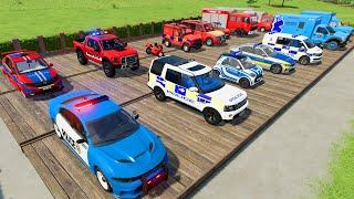 TRANSPORTING CARS AMBULANCE FIRE TRUCK POLICE CARS OF COLORS WITHTRUCKS - FARMING SIMULATOR 22