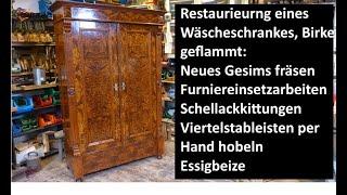 Restaurierung eines kleinen Wäscheschrank Birke geflammt um 1880