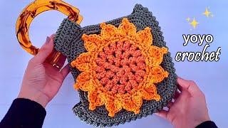 كروشية شنطة عباد الشمس شكل مربع بخيط السلسلة   Tığ işi çanta  Sunflower crochet bag