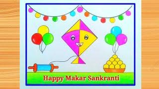 Makar Sankranti drawing Easy  How to draw Makar Sankranti drawing very easy steps  kite drawing