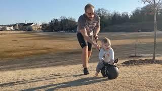 Velio Early Rider 11 month old Elijah up a hill