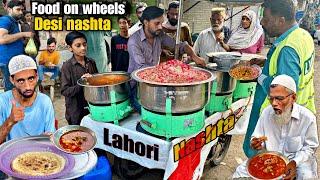 AMAZING FOOD ON WHEELS LAHORI BEST ROADSIDE DESI NASHTA  AUTHENTIC PAKISTANI STREET FOOD BREAKFAST