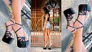 prettiest brunette in denim shorts challenging her most impressive metal high heels sandals #heels