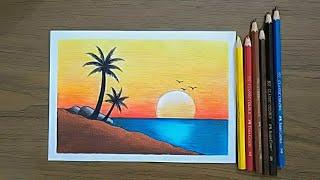 رسم منظر طبيعي سهلرسم منظر طبيعي بالألوان الخشبيةeasy scenery drawing  landscape scenery drawing