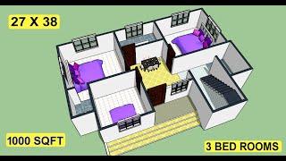 1000 sqft house plan design II 3 bed room house plan II 1000 sqft ghar ka design