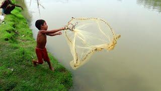 Traditional Cast Net Fishing in River  Best Net Fishing  Fishing with a cast net