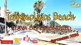 Torremolinos Beach  Playa del Bajondillo  September 2024  sunshine walking  Malaga  Spain  4K