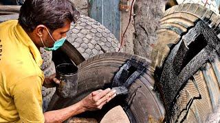 Amazing Technique of Repairing a Huge Old Tire SideWall Restoration Hard Impact SideWall Truck Tire