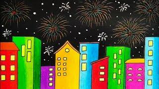 Menggambar pemandangan malam tahun baru  Menggambar kota malam hari  Menggambar kembang api