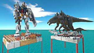 Gundam + Ancient Humans Army Falling and Fight Zilla + Dinosaurs Team-Animal Revolt Battle Simulator