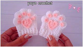 كروشية جوانتى كف القطة أطفال  من عمر 1  2 سنة  بربع شلة خيط  - Crochet cat paw gloves for kids