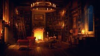 Ancient Library Room - Relaxing Thunder & Rain Sounds Crackling Fireplace for Sleeping for  Study