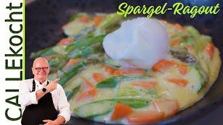 Spargelragout Grüner Spargel in Sahnesoße mit pochiertem Ei – Omas Rezept