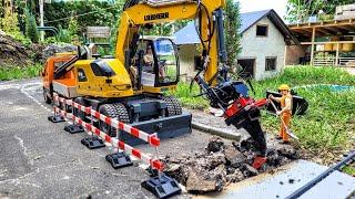 Road repair. Liebherr A918 compact RC excavator Rototilt R4 Mercedes sprinter RC scale models