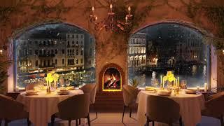 Winter Venetian Restaurant Ambience - Soft guitar music crackling fire and snow fall 3 hours