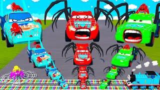 Big & Small Red Spider Mcqueen vs Green Spider Chick Hick vs Blue Spider Dinoco vs Trains - BeamNG