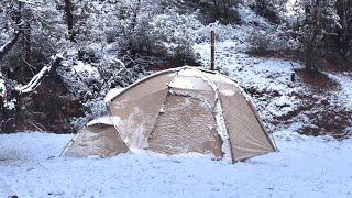 Solo Hot Tent Winter Camping in RAIN and SNOW Storm Wood Stove  ASMR