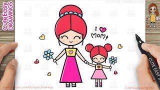 How to Draw  Cute Mothers Day Greetings Easy from Basic Shapes Drawing and Coloring