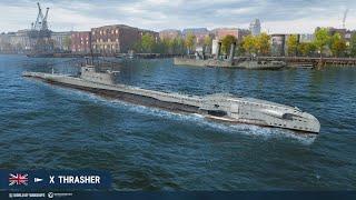 World of Warships Thrasher — British Tier X submarine. HMS - Royal Navy Asymmetric fight 5 vs 12