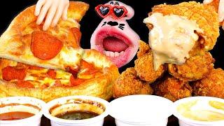 Pepperoni Pizza Fried Chicken and Four Secret Sauces ASMR Mukbang Eating Show