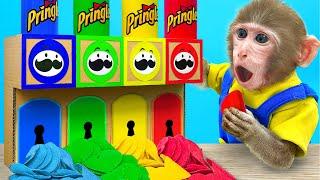 KiKi Monkey play Magical Colorful Pringles Machine and eat four color ice cream  KUDO ANIMAL KIKI