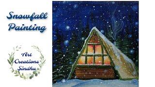 How to paint winter seasonSnowfall paintingSnowflake painting forest cabin