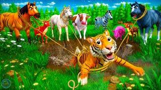 Tiger Rescue Mission - Heroic Farm Animals Saves Tiger from Big Pit Hole  Cow Horse Pig Deer Zebra