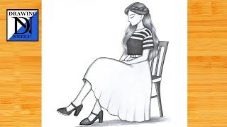 How to draw a sitting Girl on Chair  Pencil sketch for beginner  Sitting girl drawing  Drawing