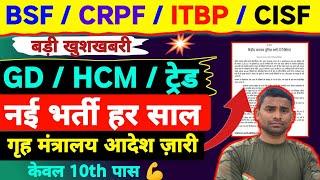 New Vacancy  BSF Constable  CRPF  CISF  ITBP  SSB  Asaam Rifles Official Notice Out  CAPF