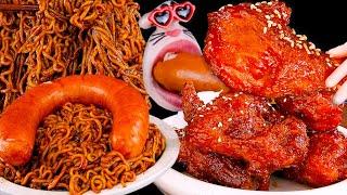 Kielbasa Sausage Black Bean Noodles and Spicy Chicken 치킨 킬바사 짜파게티 먹방  REALMOUTHs ASMR MUKBANG