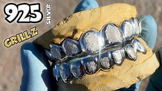 Custom Grillz Real 925 Sterling Silver with Diamond Dust Finish White Border Teeth Grills