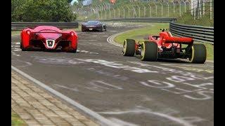 F1 Ferrari SF71H 18 vs Ferrari F80 vs Bugatti Chiron vs Mercedes-Benz Vision GT at Nordschleife