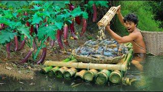 Lobster fishing meets Long eggplant  Long eggplant grows by the riverLobster in the River