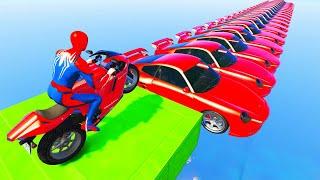 Superheroes ride motorcycles across Spider McQueen Bridge and fall into sharks sea GTA 5
