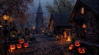 Cozy Autumn Village Halloween Ambience with Relaxing Crackling Fire & Nature Sounds Crunchy Leaves