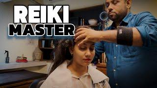 Reiki master giving deep tissue head massage therapy to female client  Asmr relax therapy