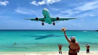 Very low pass  Maho Beach Sint Maarten SXM  Plane Spotting  Princess Juliana Airport close up